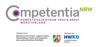 Das Bild zeigt das Logo von Competentia NRW, einem Kompetenzzentrum für Frau und Beruf in Münsterland, unterstützt vom Ministerium und der HWK.