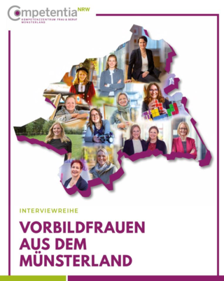 Das Bild zeigt eine Karte des Münsterlandes, umgeben von Porträts inspirierender Frauen. Thema: Vorbildfrauen und ihre Geschichten.