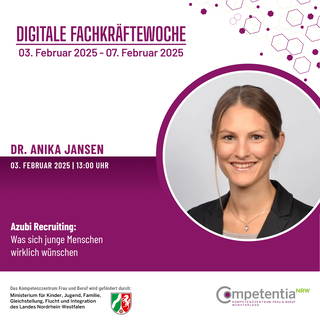 Das Bild kündigt die digitale Fachkräftewoche an, die vom 3. bis 7. Februar 2025 stattfindet, mit Dr. Anika Jansen und einem Fokus auf Azubi-Recruiting.