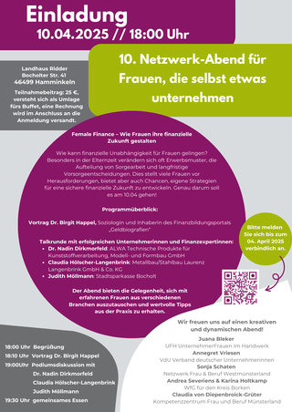 Einladung zum 10. Netzwerk-Abend für Frauen am 10.04.2025. Thema: Finanzierung und Strategien für finanzielle Zukunft. Vortrag und Buffet inkludiert.