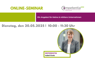 Das Bild bewirbt ein Online-Seminar für kleine und mittlere Unternehmen. Es findet am 20. Mai 2025 von 10:00 bis 11:30 Uhr statt, geleitet von Isabel Evels.