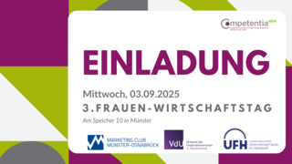 Das Bild ist eine Einladung zum 3. Frauen-Wirtschaftstag am 3. September 2025 in Münster, organisiert von Competentia NRW.