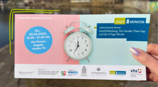 Das Bild zeigt ein Handout für eine Veranstaltung in Münster zum Thema Gender Time Gap. Es enthält Informationen zum Datum, Ort und Uhrzeit.
