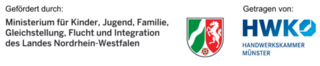 Das Bild zeigt Logos und Förderhinweise des Ministeriums für Kinder, Jugend, Familie und der Handwerkskammer Münster in Nordrhein-Westfalen.