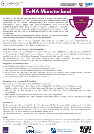 Das Bild zeigt eine Veranstaltung von FeNa Münsterland, die Frauen in Netzwerken unterstützt. Es wird ein Preis für herausragende Netzwerkarbeit vergeben.