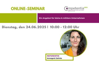 Das Bild bewirbt ein Online-Seminar am 24. Juni 2025 für kleine und mittlere Unternehmen, geleitet von Annegret Gehrke.