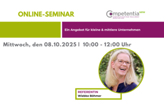 Das Bild bewirbt ein Online-Seminar für kleine und mittlere Unternehmen am 08.10.2025, geleitet von Wiebke Böhmer.